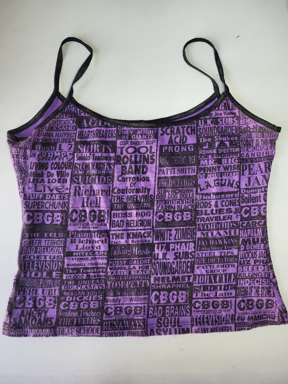 vintage early 2000s CBGB brand tank top, black and purple